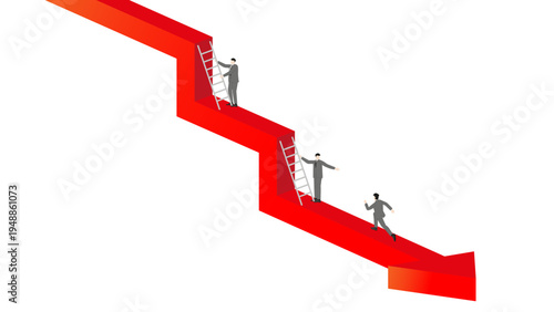 Isometric 3D Teamwork Concept with Business People Using Ladders to Help Colleague Climb Up Against Falling Red Arrow Graph for Financial Crisis Survival and Risk Management Strategy