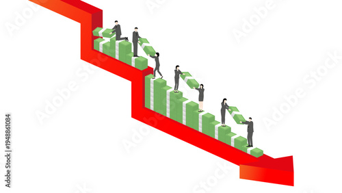 Isometric 3D Teamwork Concept with Business People Stacking Banknotes to Climb Up Against Falling Red Arrow Graph, Financial Crisis Management, Wealth Protection and Risk Recovery