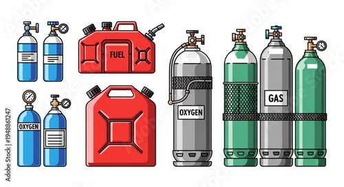 Various Gas and Fuel Containers - Oxygen, Nitrogen, Gasoline, and More.
