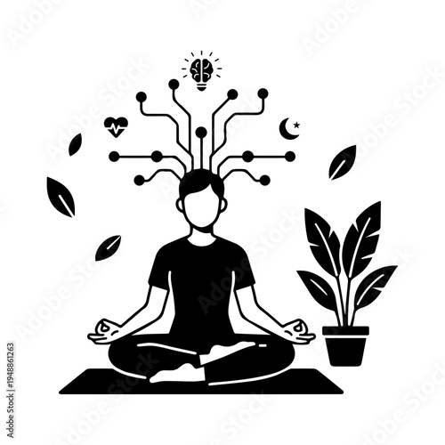 Person meditating in lotus pose with digital circuit brain and leaves for mental health and mindfulness