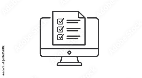 Minimal line illustration of a computer monitor displaying a checklist icon for task management.