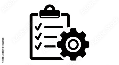 Illustration of a clipboard checklist with a gear cog for workflow and settings.