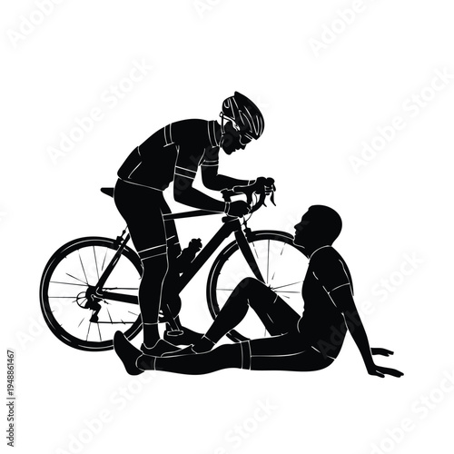 Professional cyclist silhouette helping fallen rider after race sign