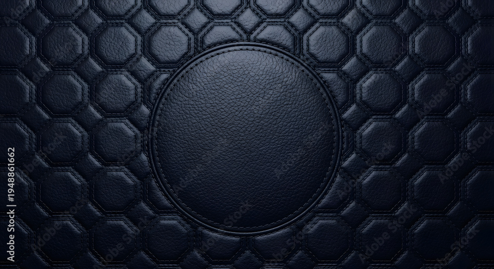 Fototapeta premium Luxury black leather texture background with embossed hexagonal and octagonal pattern and central circular frame for copy space