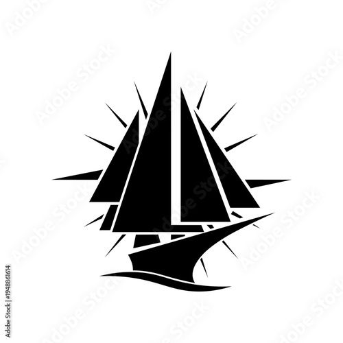Sailing Ship Silhouette with Stylized Sunburst Background. Geometric Marine Vessel Illustration for Adventure Branding.