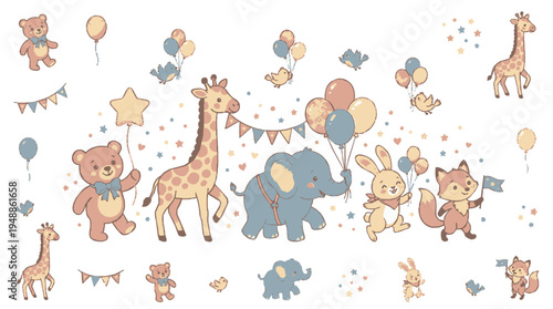 Whimsical nursery animal parade with teddy bear giraffe elephant and friends in colorful balloons and bunting on white background