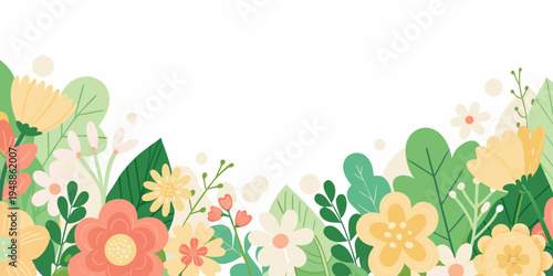 A colorful floral arrangement with stylized flowers and lush green leaves