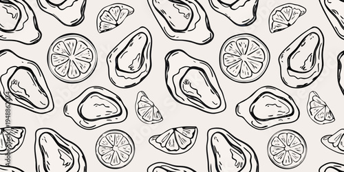 Seamless pattern of hand drawn orange slices and oyster shells