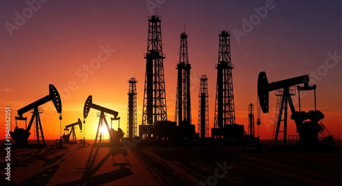 Silhouette of Oil Pumps and Rigs at Sunset - Energy Industry Landscape.