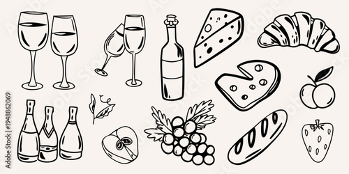 A charming black and white illustration of wine cheese and pastries
