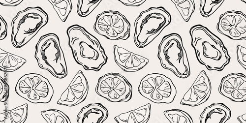 Hand drawn sketch of oysters and lemon slices seamless pattern