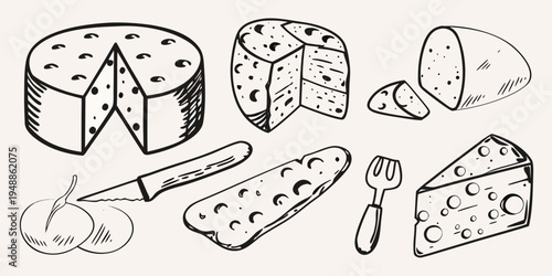 Hand drawn illustration of various cheeses knife fork and complementary fruits