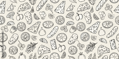 Hand drawn seamless pattern featuring various fruits cheeses and botanical elements