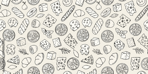 Seamless pattern of hand drawn cheese fruit and bread sketches