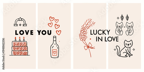 Four decorative panels featuring love luck and celebratory motifs