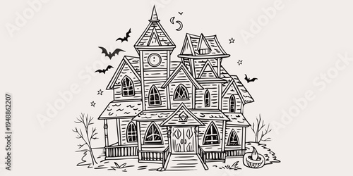 A detailed sketch depicts a spooky haunted house with bats and stars
