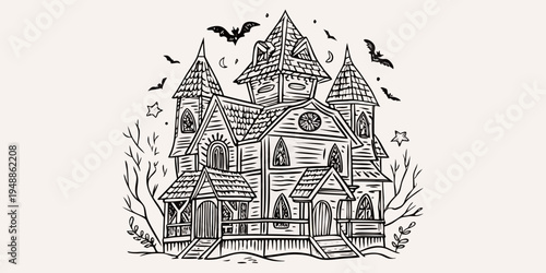 An intricately drawn haunted house illustration with bats and a spooky atmosphere