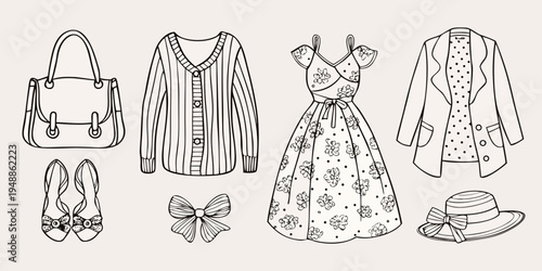 Fashion illustration showcasing various clothing items and accessories in black lines