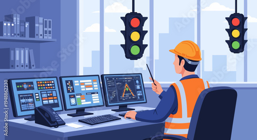 Man working on computers.