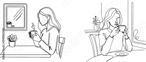 Two women enjoying drinks in different cozy indoor settings Art & Illustration