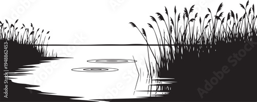 Black silhouette landscape vector with pond and reeds