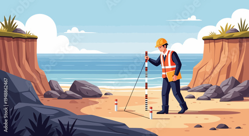 Surveyor on Beach Cliff.