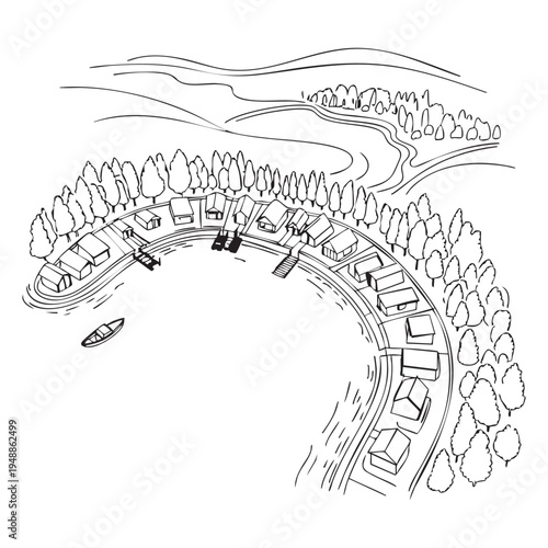 Aerial view of a circular village with houses and a river trees
