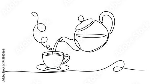minimal tea pouring line art illustration with teapot and cup continuous outline cozy beverage drawing