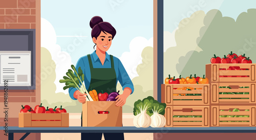 Woman Holding Vegetable Box.