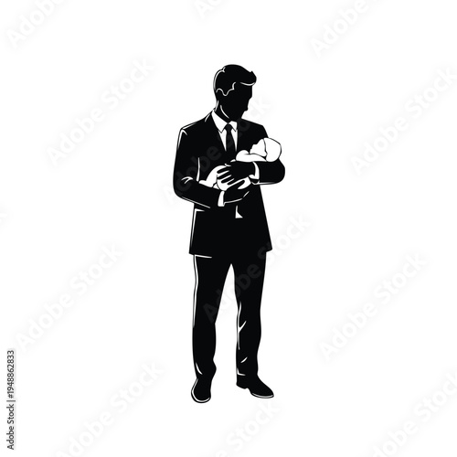 Silhouette businessman holding baby in suit for parental leave concept