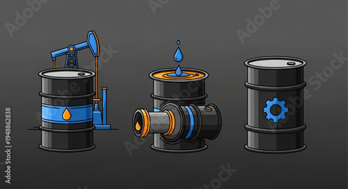 Illustrative Oil Industry Depiction - Barrels, Pumpjack, and Processing Unit.