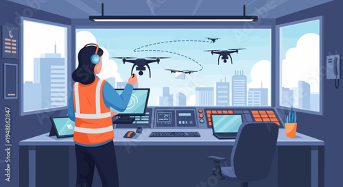 Woman Operating Drone Station.