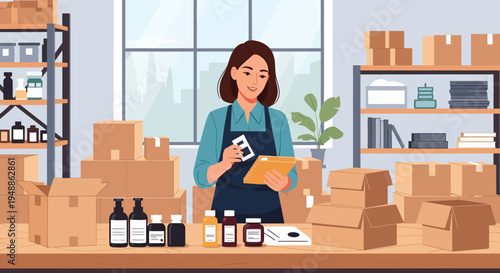 Woman Packing Shipping Boxes.