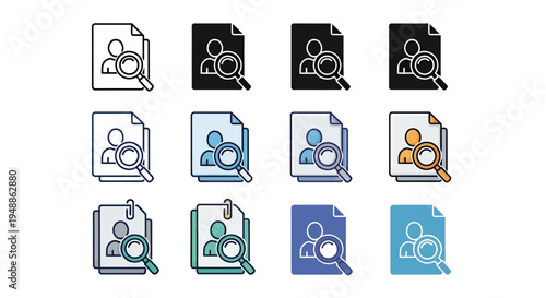 Set of search icons featuring people and profiles with magnifying glass.