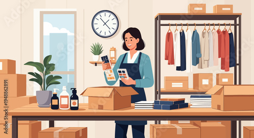 Woman packing shipping boxes.