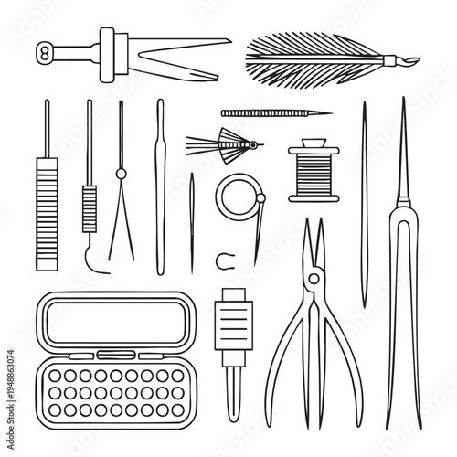Assorted sewing and embroidery tools and accessories in black and white line sewing tools