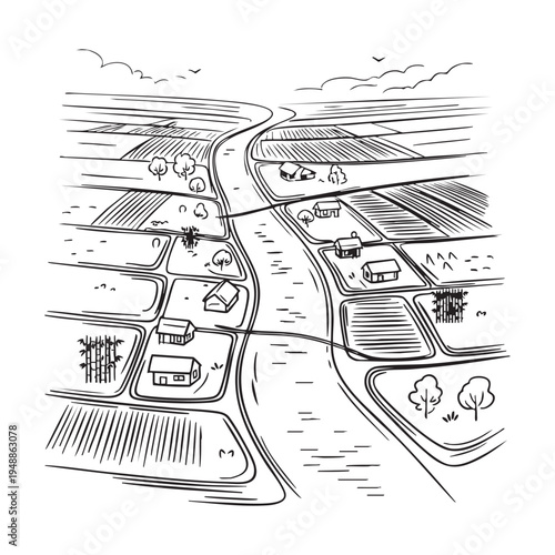 Aerial view of farmland with buildings and fields in black and white line trees