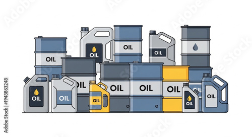 Collection of Oil Containers and Barrels - A Visual Representation of Petroleum Products.