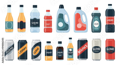 Collection of Various Beverage and Cleaning Product Containers.
