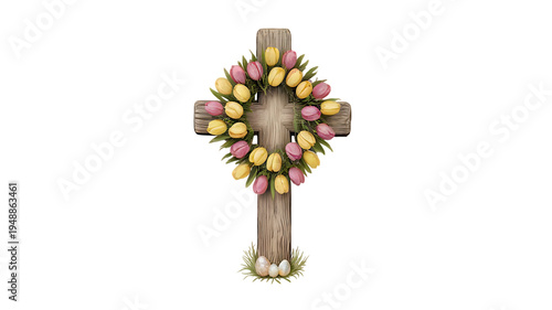 Easter wooden cross with colorful tulip wreath isolated on transparent background PNG, religious spring concept

