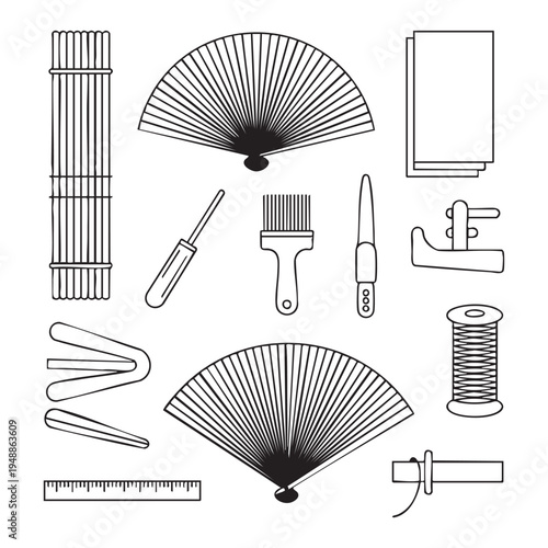 Black and white line of various crafting and sewing tools and line crafting tools scissors