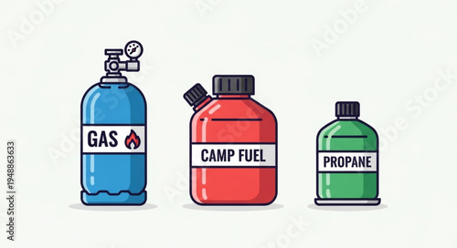 Illustration of Gas, Camp Fuel, and Propane Containers for Outdoor Activities.