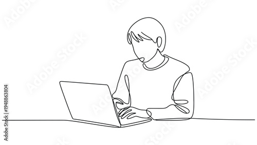 minimal line art illustration of person working on laptop, remote work and online learning continuous outline drawing