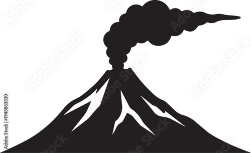 Vector volcano icon, black silhouette, erupting mountain