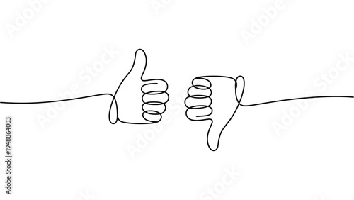 minimalist continuous line drawing of thumbs up and thumbs down feedback concept approval and dislike simple outline vector illustration