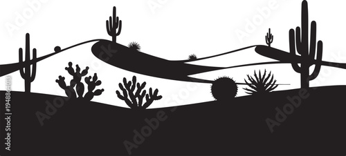 Desert landscape silhouette vector, black cactus and mountain range