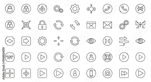 Collection of outline icons and media symbols in a neat icon set for graphic design use.