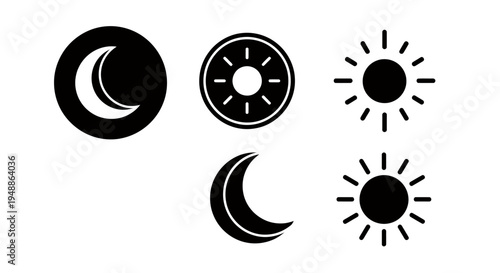 Set of minimalist day and night icons featuring moon and sun variations in black and white.