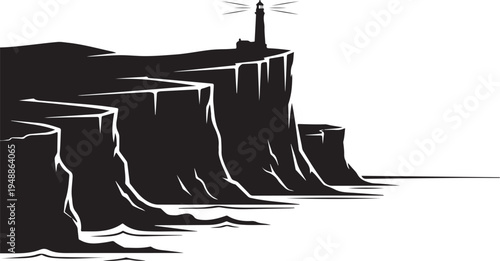 Vector illustration of black cliff with lighthouse