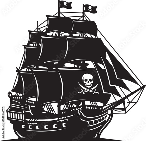 Pirate ship vector illustration with skull and crossbones flag